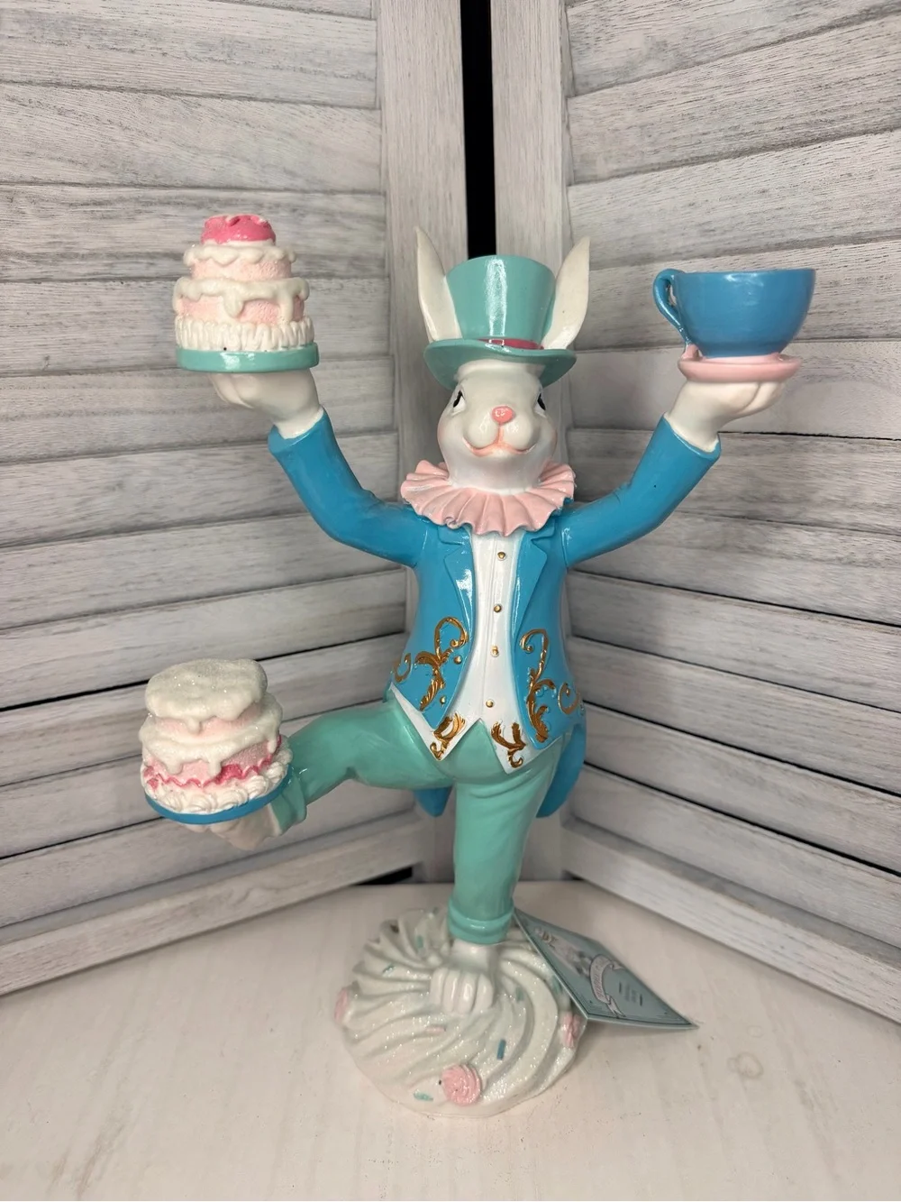 Tophat & Tail Easter Bunny Rabbit Mad Hatter Balancing Teacup And Cakes 12.5